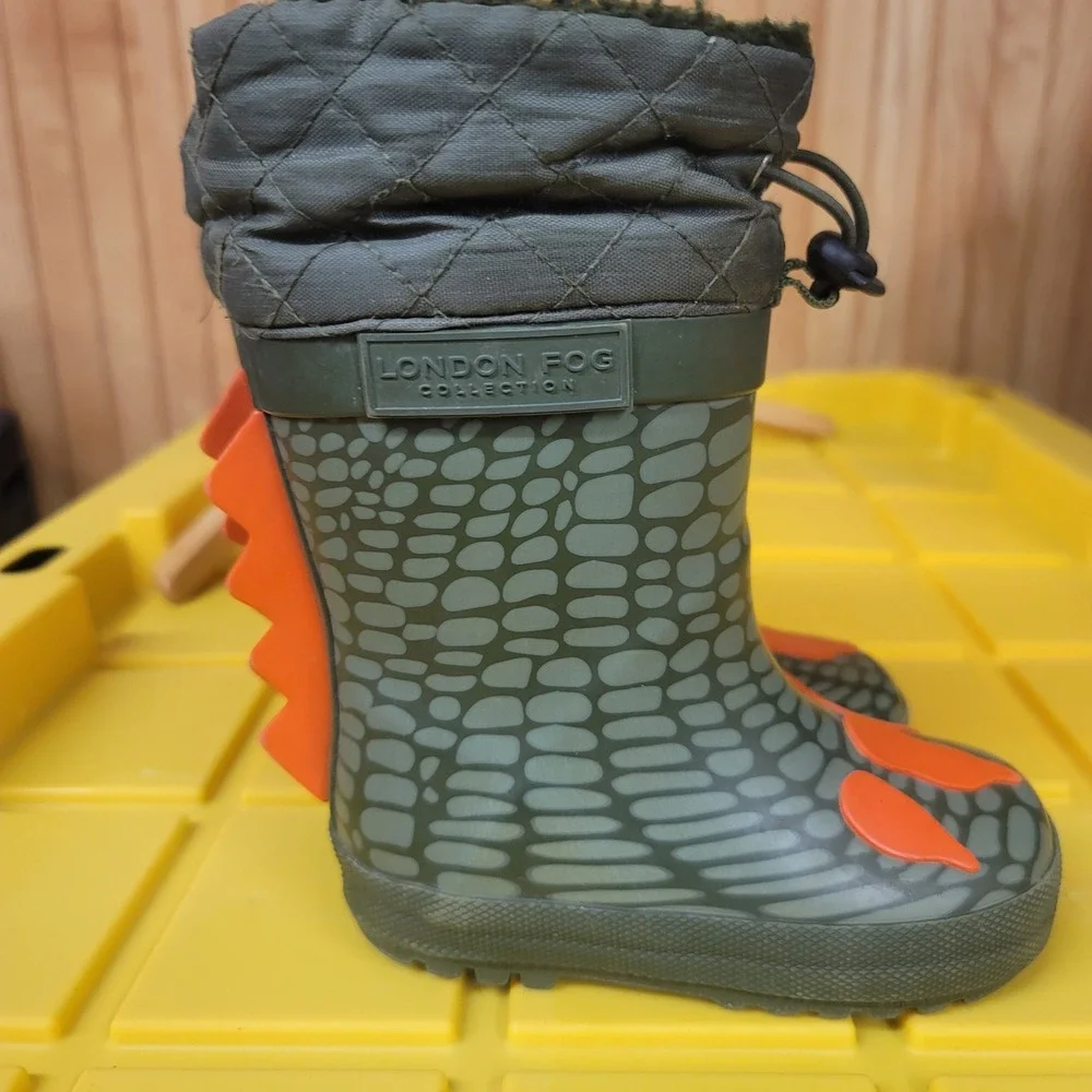 London Fog Kids Green Dinosaur Rain Boots Orange Spikes Size 7 Toddler‎